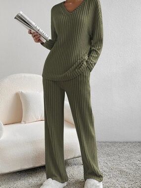 Olive Ribbed V-Neck Wide-Leg Lounge Pants & Top Set